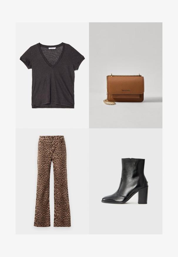 Camiseta de manga curta em V cinza escuro, feita de tecido leve e respirável, com um corte descontraído e uma textura subtil.; Calças de perna larga em padrão de leopardo, em bege e preto, com uma textura suave e bainha afunilada. Design com cintura padrão e bolsos.; Bota ankle preta em pele com uma textura suave, bico fino e um salto alto robusto. Apresenta uma abertura lateral e um design minimalista.; Bolsa crossbody de couro texturizado castanho com alça de corrente dourada e fecho com aba. A parte da frente apresenta detalhe do logótipo e um bolso sob a aba.