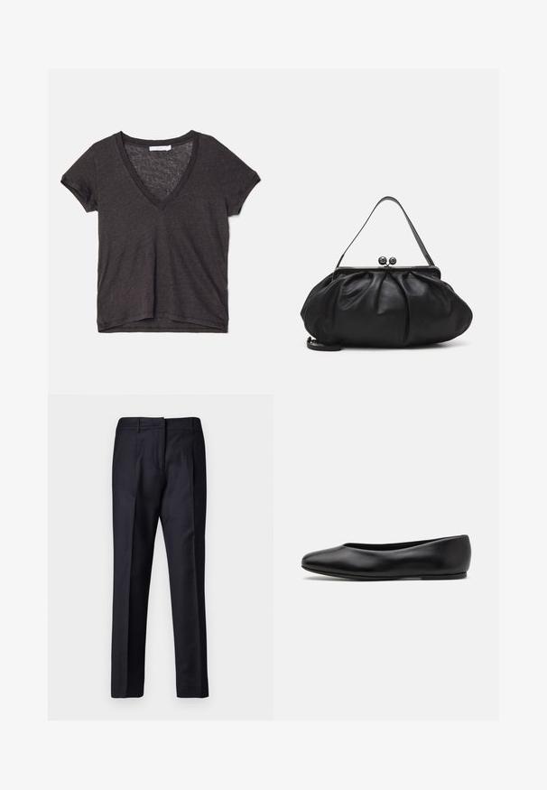 Tmavě šedé tričko s krátkým rukávem ve tvaru V vyrobené z lehkého, prodyšného materiálu, s volným střihem a jemnou texturou.; Námořnické kalhoty s hladkou texturou, s plochým předním dílem, dvojitými záhyby a poutky na opasek. Rovný střih nohavic, zakončené lemováním.; Paul Smith TOPANGA - Klasické baleríny - black; Černá kožená kabelka s zaobleným, skládáním designem. Obsahuje kovový zavírač se dvěma dekorativními koulemi a tenkým, odnímatelným popruhem.
