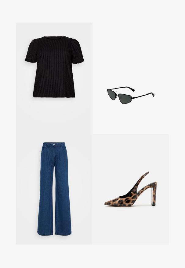 Juoda trumpa rankovė viršuje su raukšlėta tekstūra, apvaliu iškirpimu ir šiek tiek pūstomis rankovėmis. Medžiaga atrodo minkšta ir šiek tiek elastinga.; Mėlynos plačios džinsinio audinio kelnės su aukšta juosmens linija, priekyje mygtukas ir užtrauktukas, bei priekinės ir užpakalinės kišenės prieš paprastą foną.; Leopardų rašto slingback aukštakulniai su smailiu priekiu ir skaidriu blokuotu kulnu. Pagaminti iš blizgaus medžiagos su glotnia tekstūra.; Juodos metalinės saulės akinių su kampuotais rėmeliais ir tamsiais objektyvais. Turintys plonas, tiesias kojeles ir nosies pagalvėles, užtikrinančias tvirtą prigludimą.