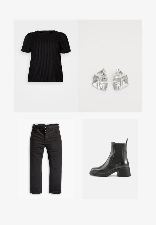 Top corto nero a maniche corte con texture a coste, scollatura rotonda e maniche leggermente a sbuffo. Il tessuto sembra morbido e leggermente elasticizzato.; Jeans in denim nero con un design a gamba dritta, dotati di patta con bottone, cinque tasche e dettagli di cucitura discreti. Texture liscia.; Stivali alla caviglia in pelle nera con una finitura liscia, pannelli laterali elastici e un tacco robusto. Presentano una linguetta per facilitare l'inserimento.; Orecchini in metallo argento con un design ondulato e scultoreo, caratterizzati da una finitura lucida e forme irregolari, che evidenziano un'estetica contemporanea.