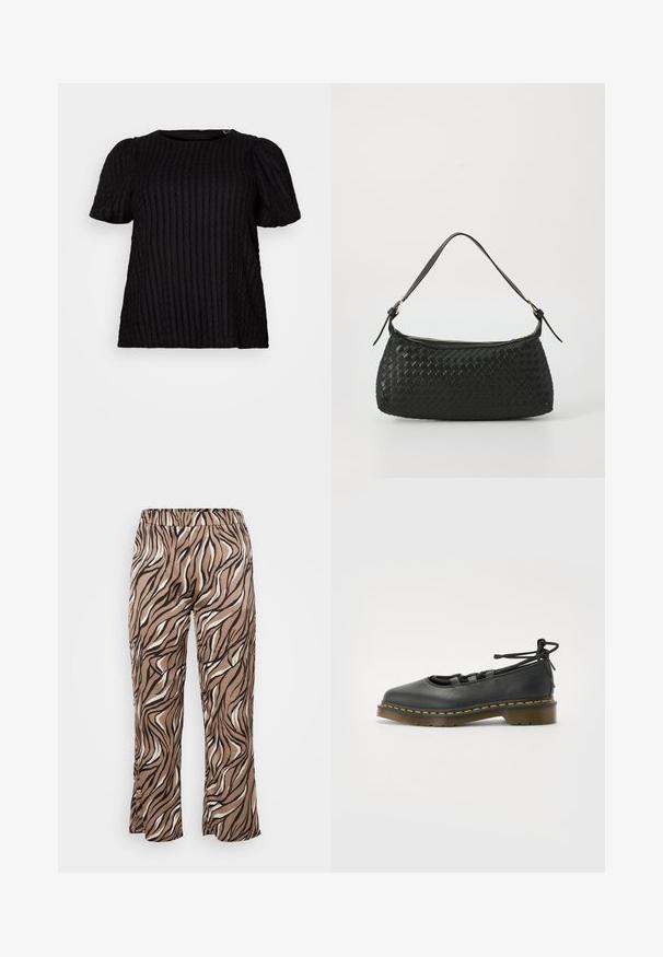 Top preto de manga curta com textura em gomos, decote redondo e mangas levemente volumosas. O tecido parece suave e ligeiramente elástico.; Calças com padrão de zebra castanho e creme, com um cós elástico, apresentando um design de perna larga e uma textura de tecido suave.; Sapatilha de couro preto com bico arredondado, salto baixo, detalhes em atacadores e pespontos amarelos ao longo da sola. Textura suave com acabamento mate.; Bolsa de ombro preta entrelaçada com alça de couro lisa e fecho com zíper. Apresenta uma superfície texturizada e forma curvada.