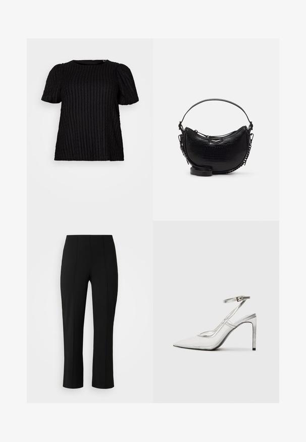 Top scurt, negru, cu mâneci scurte, textură ribbed, decolteu rotund și mâneci ușor bufante. Materialul pare moale și ușor elastic.; Vero Moda Curve VMCBECKY PULL ON - Pantaloni - black; Pantofii cu toc stiletto clar, cu vârful ascuțit, material transparent, accente metalice argintii și curea ajustabilă pentru glezne.; Geantă neagră din piele cu model croco, cu o formă curbată, curea de umăr detașabilă și un accent metalic elegant pe față.