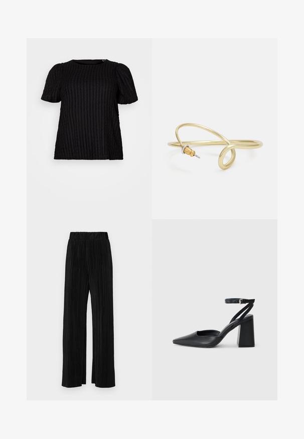 Črna kratkotrajna majica z rebrasto teksturo, okroglo ovratnikom in rahlo napihnjenimi rokavi. Tkanina se zdi mehka in rahlo raztegljiva.; Črne plisirane hlače z elastičnim pasom. Imajo široke noge in gladko, teksturirano tkanino z navpičnimi črtami.; Črne usnjene klasične čevlje z ostrim nosom, z zaponko za gleženj in debelim peto. Ravna tekstura, eleganten dizajn in minimalistična estetika.; Zlato obarvan kovinski zapestnica s tekočim, ukrivljenim dizajnom. Ima majhen, izstopajoč srebrn poudarek na enem koncu.
