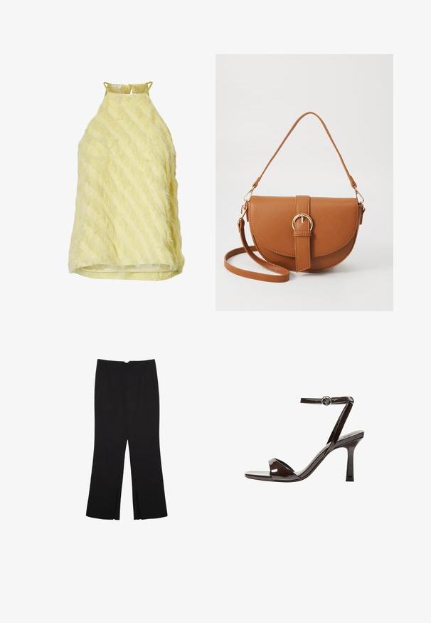 Gul ärmlös topp med fjädrande textur, med diagonala ränder och en nyckelhålsstängning i ryggen, tillverkad av lätt material.; Svarta byxor med rak passform, utrustade med framfickor och sidoklyvningar vid fållen. Tillverkade av mjukt, slätt tyg. Lämpliga för olika tillfällen.; Bruna lackläder högklackade sandaler med ankelrem, öppen tå och en elegant, minimalistisk design. Har en fyrkantig klack.; Brun läder crossbody-väska med en böjd form, gyllene detaljer och en spänneaccent. Har en avtagbar axelrem.