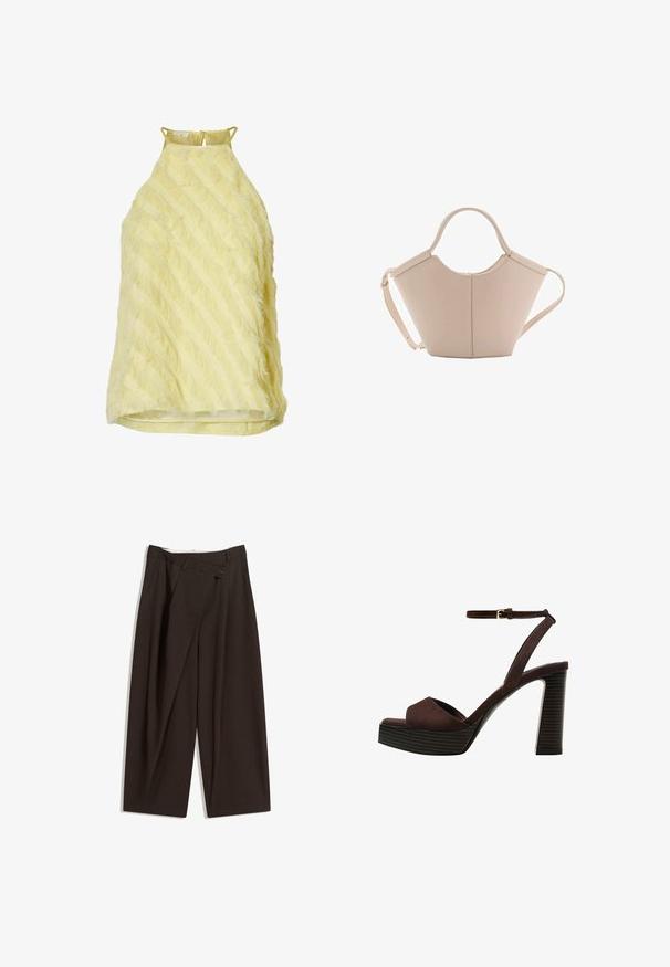 Yellow sleeveless top with feathered texture, featuring diagonal stripes and a back keyhole closure, made of lightweight fabric.; Dark brown wide-leg trousers with a high waist, featuring a single button closure and a pleated front. Made from lightweight fabric.; Brown suede high-heeled sandal with an open toe, adjustable ankle strap, and a striped platform sole.; Beige leather handbag with a unique shape, featuring two short handles and a long adjustable strap. Smooth texture with minimal hardware.