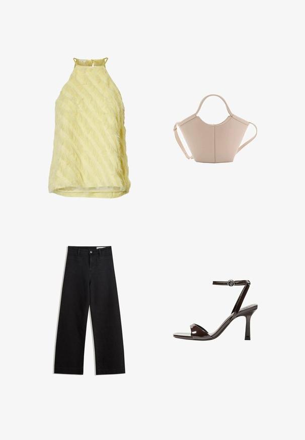 Keltainen hihaton toppi, jossa on höyhenmainen rakenne, diagonaalisia raitoja ja takana avainreikäsuljenta, valmistettu kevyestä kankaasta.; Mustat leveät farkut korkealla vyötäröllä, joissa on etu- ja takataskut, ommellut saumat ja nappisuljenta. Silkinoinen rakenne.; Sandaalit korkean koronan ruskeasta mokkanahasta, jossa on nilkkaremmi, avonainen kärki ja tyylikäs, minimalistinen muotoilu. Varusteena neliön muotoinen korko.; Vaaleanbeige nahkainen käsilaukku, jossa on ainutlaatuinen muoto, varustettuna kahdella lyhyellä kahvalla ja yhdellä pitkällä säädettävällä hihnalla. Sujuva pinta ja vähän metalliosia.