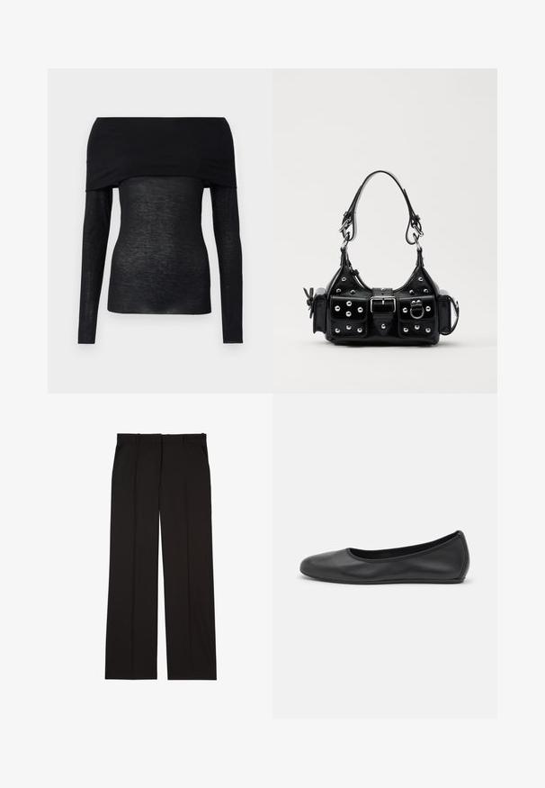 Fekete, hosszú ujjú felső, váll nélküli kialakítással, könnyű, enyhén áttetsző anyagból, szabott fazonnal.; Fekete, sima anyagból készült, szabott nadrág, egyenes vonalú szabással és két oldalsó zsebbel. Elegáns és minimalista kialakítás.; Fekete bőr balettcipő lekerekített orral, sima tekstúrával, minimális varrással és rugalmas talp kialakítással.; Fekete bőr kézitáska ívelt designnal, ezüst szegecsekkel, csattal és két oldalsó zsebbel. Állítható vállpánt a hordozási lehetőségekhez.