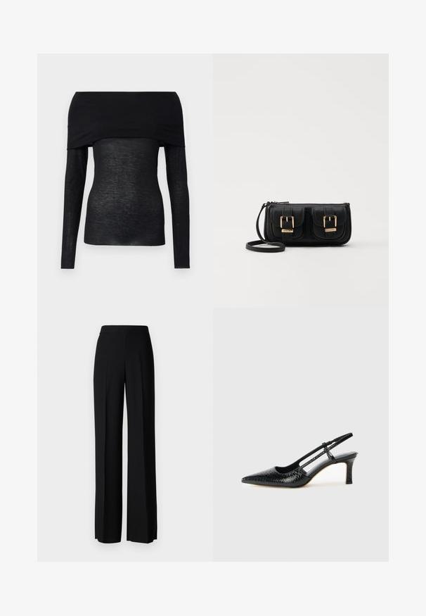 Fekete, hosszú ujjú felső, váll nélküli kialakítással, könnyű, enyhén áttetsző anyagból, szabott fazonnal.; Fekete, széles szárú nadrág sima tapintással, magas derékkal és középen pliszével. Nincsenek látható minták vagy fém részletek.; Fekete lakk slingback sarok, hegyes orral, texturált kígyómintával, állítható pánttal és rövid, texturált tömbsarkal.; Fekete bőr keresztbody táska két elülső zsebbel, arany csattokkal, cipzáras záródással és vékony pánttal. Textúrált felület és kompakt téglalap alak.