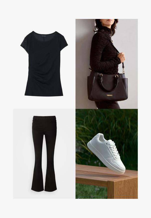 Zwarte top met korte mouwen van zacht stof, met een textuurpaneel op één schouder, asymmetrisch ontwerp en geplooide details aan de zijkant.; Zwarte flarebroek van rekbare stof, met een tailleband met riemlussen en voorzakken, een zachte textuur en een getailleerde pasvorm tot de knie.; Witte sneaker met een gladde synthetische bovenkant, geperforeerde neus, platte veters en een gestructureerde zool, tentoongesteld op een houten oppervlak.; Zwarte handtas met gestructureerd oppervlak, dubbele bovenhandvatten en verstelbare schouderriem. Voorzien van goudkleurige hardware en zijzakken.