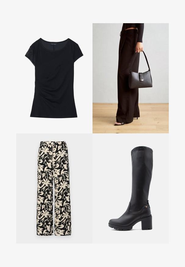 Črna majica s kratkimi rokavi, izdelana iz mehke tkanine, z teksturiranim panelom na enem ramenu, asimetričnim dizajnom in nagubanimi detajli na strani.; Črne široke hlače z kremnim cvetličnim vzorcem. Narejene so iz lahkega blaga, ki ima gladko teksturo in visok pas.; Črne gležnjarje do kolen iz gladkega usnja s kvadratnim nosom, debelim blok peto in teksturirano gumijasto podplato. Imajo diskretno logotipno podrobnost.; Črna torbica z strukturirano obliko, gladko teksturo in kovinskim zaponko. Ujemajo se z širokimi črnimi hlačami in odprtimi sandali na lesenem tleh.