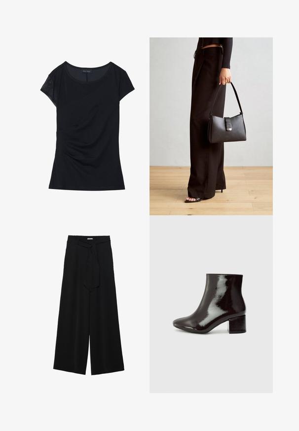 Black short-sleeve top made of soft fabric, featuring a textured panel on one shoulder, asymmetrical design, and gathered detailing on the side.; Black wide-leg pants featuring a textured fabric, an elastic waistband, and a detachable sash tie at the waist for adjustable fit.; Black patent leather ankle boots with a pointed toe and a chunky heel. Smooth texture with a subtle sheen and clean lines, minimalist design.; Black handbag with structured shape, smooth texture, and a metallic clasp. Paired with wide black pants and open-toe sandals on wooden floor.