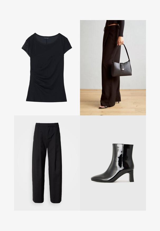 Mustat lyhythihaiset paita, joka on valmistettu pehmeästä kankaasta, jossa ontekstuuripaneeli yhdellä olalla, epäsymmetrinen muotoilu ja rypytyskohtia sivuilla.; Mustat housut rentoa istuvuutta, laskostettu etuosa ja vyölenkit. Sileä kangas ja suorat lahkeet, joissa on sivutaskut.; Musta patenttilakattu nilkkuri, jossa on terävä kärki ja keskipitkä lohkarekorko. Silkkinen pinta ja minimalistinen muotoilu.; Musta käsilaukku, jossa on rakenteellinen muoto, sileä pinta ja metallinen solki. Yhdistetty leveisiin mustiin housuihin ja avonaiheisiin sandaaleihin puulattialla.