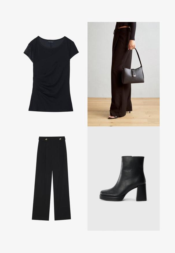 Svart kortermet topp laget av mykt stoff, med et teksturert panel på den ene skulderen, asymmetrisk design og rynkedetaljer på siden.; Svart vide bukser med høy midje, knappdetaljer på midjebåndet og frontplisser.; Sorte skinnankelsko med blokkhæl og plattformsåle, sett fra siden på en enkel hvit bakgrunn.; Svart håndveske med strukturert form, jevn tekstur og metallisk lås. Kombinert med brede svarte bukser og sandaler med åpen tå på tregulv.