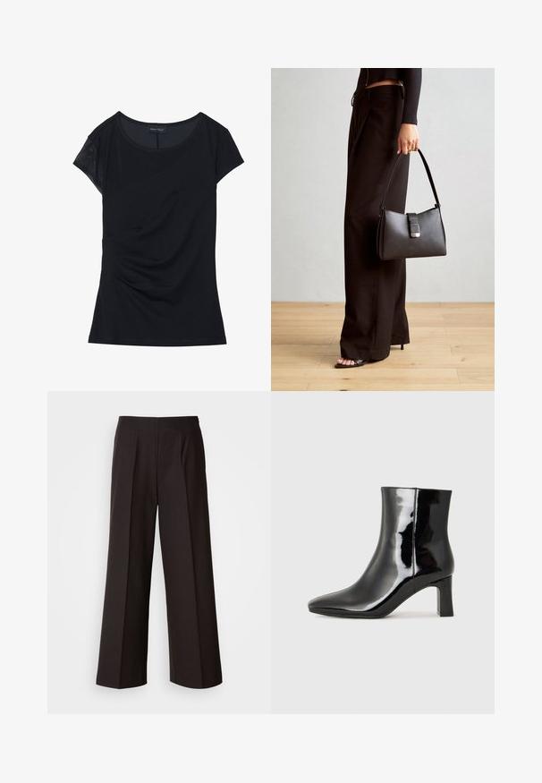 Sort kortærmet top lavet af blødt stof, med et tekstureret panel på den ene skulder, asymmetrisk design og sammensyning på siden.; Sorte bukser med brede ben, flad front, plissee og en glat tekstur. Har høj talje og skræddersyet snit for en struktureret pasform.; Sort lakeret ankelstøvle med spids tå og en midt-højde blokhæl. Glat tekstur og minimalistisk design.; Sort håndtaske med struktureret form, glat overflade og metalspænde. Sammen med brede sorte bukser og sandaler med åben tå på trægulv.