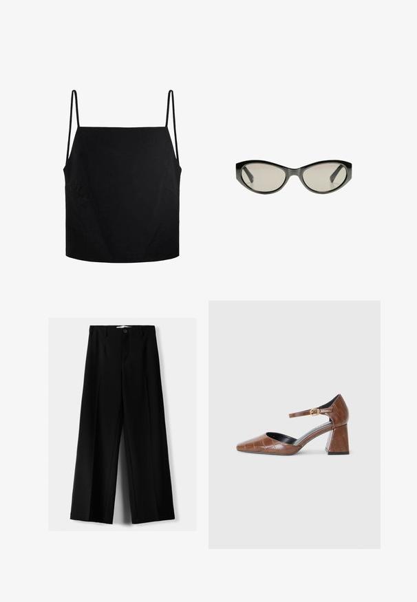 Čierny bezrámový top s tenkými ramienkami, vyrobený z hladkej látky. Má voľný strih a dve postranné vrecká pre zvýšenú utilitu.; Čierne široké nohavice z ľahkého materiálu, s predným zapínaním na gombík a plochým predným dielom, s pekne ušitými lemami.; Hnedé lakované lodičky so štvrtým prstom, textúrovaný krokodílový vzor, členkový remienok so zlatou prackou a hrubým podpätkom.; Čierne slnečné okuliare v tvare mačacích očí so šedými tónovanými sklami. Plastový rám má ostré hrany a hladký, lesklý povrch.