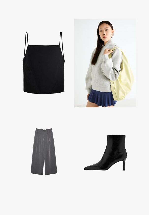 Čierny bezrámový top s tenkými ramienkami, vyrobený z hladkej látky. Má voľný strih a dve postranné vrecká pre zvýšenú utilitu.; Záhybové nohavice s širokými nohavicami v tmavosivej látke s jemnou štruktúrou. Obsahujú zapínanie na gombík a klasický dizajn pásu.; Čierne členkové čižmy s špicatou špičkou, vyrobené z lesklej kože. Obsahujú ihlový podpätok a hladký povrch. Bez viditeľných ozdôb.; Sivá oversized mikina s klokanským vreckom, skombinovaná s námorníckou rozšírenou sukňou. Doplnok: veľký svetložltý batoh s hladkým povrchom.