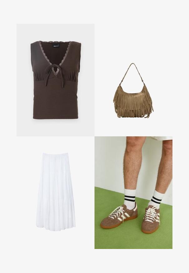 Brun ribbet tanktop med V-hals, blondekant langs udskæringen og en knyttet detalje i midten. Tæt siddende silhuet uden ærmer.; Hvid, lagdelt maxiskørt lavet af letvægtsstof. Har en elastisk talje og en flydende design med blød, subtil tekstur.; Brune ruskind sneakers med hvide detaljer og snørebånd. Gummisål i naturgummi. Båret med hvide sokker med sorte striber. Grøn struktureret gulv.; Brun ruskind skuldertaske med lange frynser, en buet form og en enkelt skulderrem. Har en glat, tekstureret overflade.