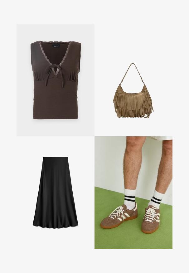 Brun ribbad linne med V-ringning, spetsdetalj längs halsringningen och en knytning i mitten. Slimmad silhuett utan ärmar.; Svart, satin A-linjekjol med en slät textur, knälång, med en enkel, ren design utan utsmyckningar eller mönster.; Bruna mockaskor med vita detaljer och snören. Gummisula i beige. Bärs med vita strumpor med svarta ränder. Grön strukturerad golvyta.; Brun mockaskinns väska med långa fransdetaljer, en böjd form och ett enda axelband. Har en jämn, strukturerad yta.