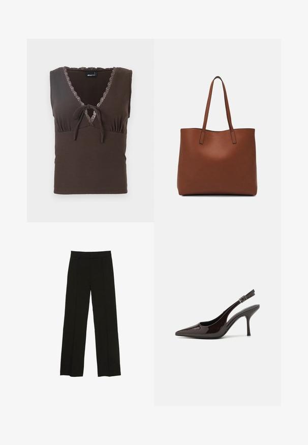 Hnědý žebrovaný top s V-výstřihem, krajkovým lemem podél výstřihu a zavázáním ve středu. Přiléhavý střih bez rukávů.; Černé široké kalhoty vyrobené z hladké tkaniny, s dobře padnoucím pasem a jemnými předními klíny pro zvýraznění textury.; Slingback lodičky na vysokém podpatku z lesklé tmavě hnědé lakované kůže, s špičatou špičkou, otevřenými stranami a nastavitelným páskem kolem kotníku.; Hnědá kožená taška přes rameno s hladkou texturou, otevřeným designem a dvěma ramenními popruhy. Obsahuje minimální švy a žádné viditelné kovové prvky.