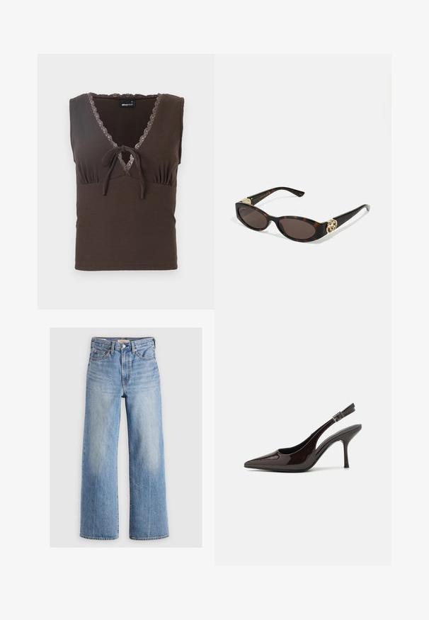 Top de tip rib, de culoare maro, cu decolteu în V, detalii cu dantelă de-a lungul gâtului și un detaliu legat în centru. Siluetă ajustată, fără mâneci.; Blugi largi din denim de un albastru deschis, cu talie înaltă, zone decolorate, cinci buzunare și cusături contrastante. Închidere clasică cu nasture și fermoar.; Pantof cu toc înalt Slingback din piele sintetică lucioasă de culoare maro închis, vârf ascuțit, laterale deschise și curea ajustabilă la glezne.; Ochelari de soare din țiglă cu lentile ovale alungite, nuanță maro, accente cu logo auriu pe brațele laterale și brațe negre elegante.