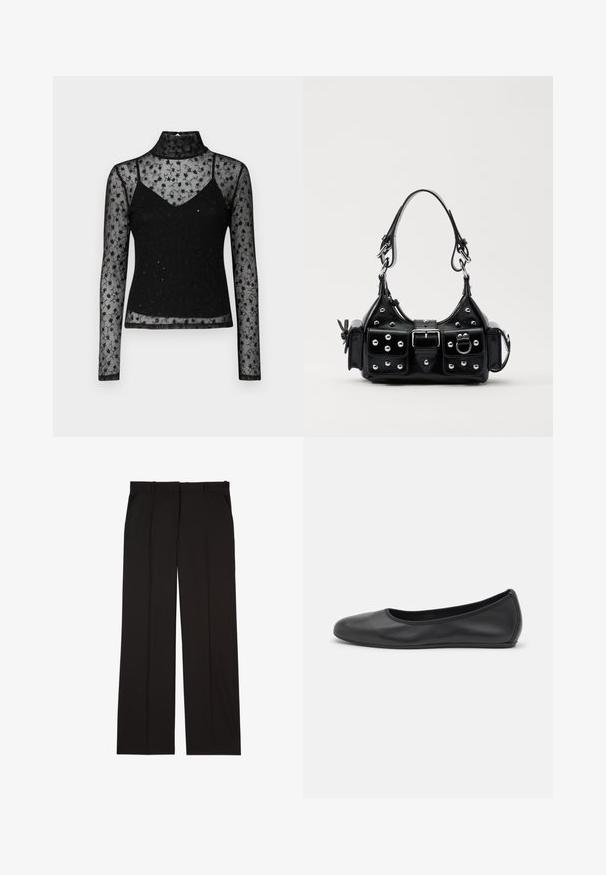 Melns garām piedurknēm tops ar caurspīdīgu ziedu mežģīņu dizainu, ar augstu apkakli un pieguļošu apakšslāni. Apstrādāts ar izšūtu detaļu tekstūru.; Melni gludā auduma pielāgoti bikses ar taisnu kāju piegriezumu un divām sānu kabatām. Eleganta un minimālistiska uzbūve.; Melna ādas baleta kurpe ar noapaļotu purngalu, gludu tekstūru, minimālu šuvju detalizāciju un elastīgu zoles dizainu.; Melnas ādas rokturmais ar izliekumu, ar sudraba iedurtiem, sprādzi un divām sānu kabatām. Regulējams siksniņas garums dažādām nēsāšanas iespējām.