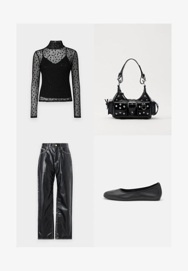 Top negru cu mânecă lungă, prezentând un design din dantelă florală transparentă, cu guler înalt și o strată interioară ajustată. Texturat cu detalii brodate.; Pantaloni negri din piele ecologică cu croială largă, cu cusături albe, buzunare frontale și un nasture aurie la talie.; Balerini din piele neagră, cu vârf rotund, textură netedă, detalii de cusătură minimale și un design al tălpii flexibil.; Geantă de piele neagră cu un design curbat, dotată cu studuri argintii, o cataramă și două buzunare laterale. Curea ajustabilă pentru opțiuni de transport.