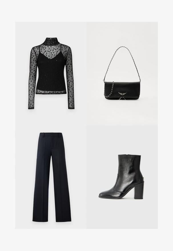 Top negru cu mânecă lungă, prezentând un design din dantelă florală transparentă, cu guler înalt și o strată interioară ajustată. Texturat cu detalii brodate.; Pantaloni cu croi larg, de culoare neagră. Croi ajustat cu o textură netedă. Prezentază o serie de nituri metalice de-a lungul cusăturilor laterale pentru detaliu.; Botină din piele neagră, cu o textură netedă, vârf ascuțit și toc gros, înalt. Dispune de o deschidere laterală și un design minimalist.; Geantă de mână din piele neagră cu un lanț din argint, având accente decorative în formă de aripi și cusături albe de-a lungul cusăturii de jos.