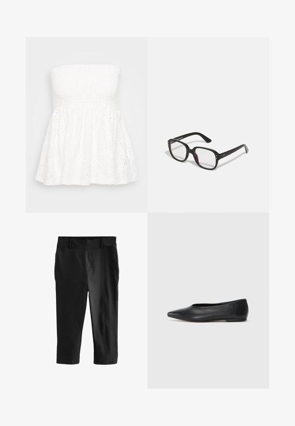 Balta be petnešų palaidinė su tekstūruotu, susiraukšlėjusiu bodu. Sijonas yra su perforuotu dekoru ir susiraukšlėta medžiaga. Lengvas ir orus dizainas.; Juodos trumpintos kelnės su lygiu paviršiumi. Turi plokščią priekio juosmenį ir jokių matomų kišenių, sukurtos pritaikytam tinkamumui.; Juodas odinis baleto batas, su smailiu pirštu, minimalistinio dizaino, lygiu paviršiumi, žemo profilio kulnu, be matomos aparatūros ar papuošimų.; Juodos stačiakampės akinių rėmo su skaidriais lęšiais, su apvaliais kraštais ir šoninėmis detalėmis, blizgiu finišu ant rėmo ir kojelių.