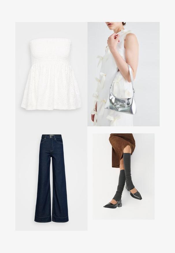 Top alb fără bretele, cu un corset texturat și focat. Fusta are detalii cu ochiuri și material pliat. Design ușor și aerisit.; Jeans cu talie înaltă, albastre închise, cu picioare largi, cu buzunare frontală, bați pentru curea, închidere cu nasture și cusături vizibile, pe un fundal alb.; Pantofi negri din piele lacuită, cu vârful ascuțit, toc bloc și curea la glezna, asortați cu jambiere gri cu nervuri și o fustă din suede maro.; Geantă metalică argintie cu o formă structurată, având un mâner superior și un detaliu sub formă de fundă pe față. Textură netedă, finisaj reflexiv.
