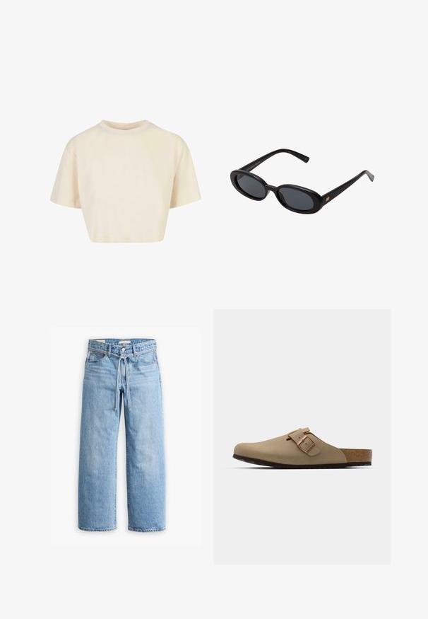 Kurzes T-Shirt aus weichem Stoff, mit kurzen Ärmeln, Rundhalsausschnitt und in einer hellbeigen Farbe mit glatter Textur.; Hellblaue Jeans im weiten Schnitt mit hoher Taille, Knopf- und Reißverschluss sowie einer Kordelzugdetails an der Taille. Roh geschnittener Saum.; Beige Clogs mit einer abgerundeten Zehenpartie, verstellbarem Schnallenakzent und Korkfußbett. Strukturierte Oberfläche mit einer schwarzen Gummisohle für besseren Halt.; Schwarze, oversized Sonnenbrillen mit ovalen Gläsern, glattem Kunststoffrahmen und goldenen Akzenten an den Bügeln. Die dunklen Gläser bieten Sonnenschutz.