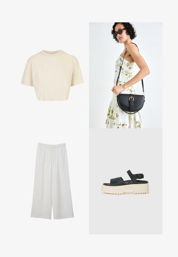 Cropped t-shirt made of soft fabric, featuring short sleeves, a round neckline, and a light beige color with a smooth texture.; White wide-leg trousers made of lightweight fabric, featuring an elastic waistband and a drawstring for adjustable fit. Smooth texture.; Black suede platform sandals with a chunky white sole, wide front strap, and adjustable ankle buckle. Textured outsole for grip.; Black leather handbag with a curved shape, detachable strap, and gold hardware. The bag features a flap with a buckle detail.