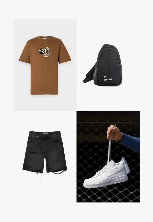 Brun bomulds t-shirt med afslappet pasform, der har et grafisk motiv af to terninger og teksten "Feelin' Lucky" i hvid under dem.; PULL&BEAR BERMUDA  - Denimshorts - black; Hvide lædersneakers med perforeringer, rund tå, flad sål og tykke snørebånd, med et synligt swoosh-logo og "AIR" på hælen.; Sort stof sling rygsæk med en glat overflade, som har en buet design, lynlåslomme og et hvidt logo på forsiden.