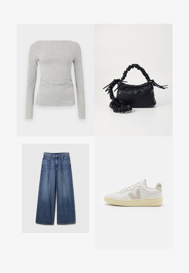 Camisola cinza de manga longa em tecido suave e texturado. Apresenta um corte ajustado com um discreto detalhe franzido na cintura e um decote quadrado.; Calças de ganga azul de perna larga com um acabamento desbotado, apresentando um fecho de botão e zipper, cinco bolsos e passantes para cinto.; Sapatilha de couro branca com detalhes em camurça bege, biqueira perfurada, atacadores planos e sola texturizada creme. Apresenta uma marcação subtil no calcanhar.; Bolsa de mão em couro sintético preto com textura de crocodilo, topo franzido e alça enrugada. Apresenta um design suave e compacto.