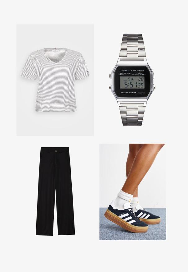 Juostuota trumpomis rankovėmis T-marškiniai su V formos kaklu. Pagaminta iš lengvos medvilnės, su horizontaliomis juodomis ir baltomis juostomis bei laisvu siluetu.; Plati juodos kelnės, pagamintos iš lygaus audinio, su priekinėmis kišenėmis ir mygtuko užsegimu liemenyje. Minimalistinis dizainas be raštų.; Juodi zomšiniai sportbačiai su baltais dryžiais ir akcentais, apvalios nosies, guminio, gumos pado, derinami su baltais raitytais vidutinio ilgio kojinaitėmis.; Skaitmeninis Casio laikrodis su juodu ciferblatu, sidabriniu nerūdijančio plieno dirželiu, stačiakampiu korpusu ir mygtukais šviesai, ratui atstatyti ir režimų keitimui.