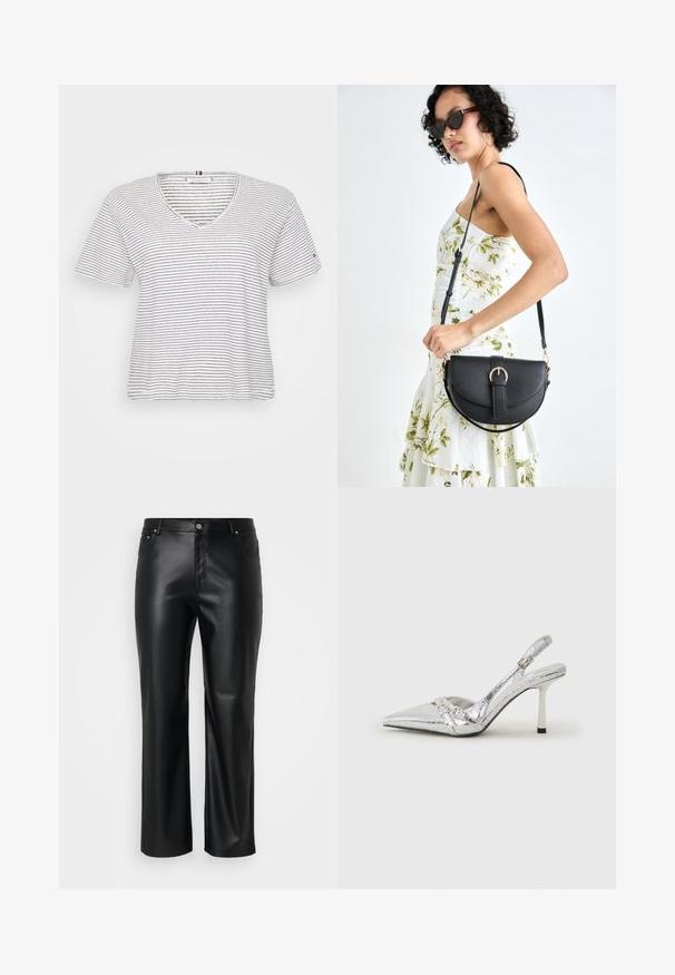 Stripet kortermet T-skjorte med V-hals. Laget av lett bomull, med horisontale svarte og hvite striper og en avslappet passform.; Svarte falske skinnbukser med rett snitt, med beltehemper, frontlommer, og glidelås med knappelukking. Glatt tekstur.; Sølv slingback høyhelte sko med spiss tå, metallisk finish, to dekorative stropper, og en slank hæl med svart tupp.; Svart lærveske med en buet form, avtagbar stropp og gullbeslag. Vesken har et klaff med spenne-detall.