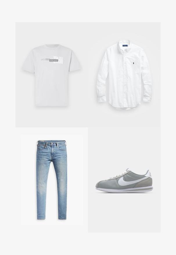 Witte katoenen t-shirt met een grafische print van "NORTHERN AESTHETICS" en "EST. 2007" in het grijs. Klassieke ronde hals, korte mouwen.; Witte lange mouwen overhemd van katoen. Voorzien van een klassiek kraag, knopenmanchetten en een klein marineblauw geborduurd logo op de borst.; Lichtblauwe slim-fit jeans met een lichte vervaging op de dijen, knoopsluiting aan de voorkant, riemlussen en vijf-pocket styling op een witte achtergrond.; Grijze sportschoen met een bovenwerk van suede en textiel, witte Nike swoosh en witte veters. Heeft een gestructureerde rubberen zool en een gevoerde schacht.