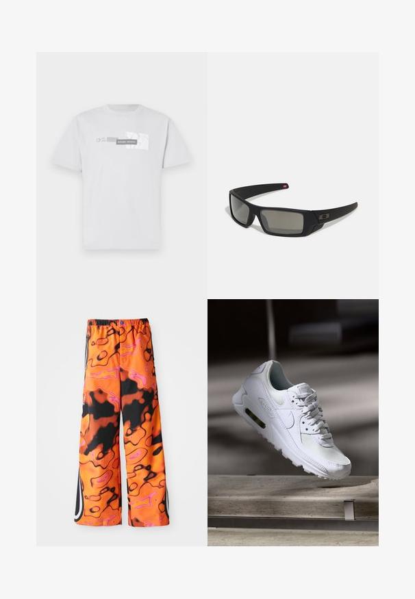 Witte katoenen t-shirt met een grafische print van "NORTHERN AESTHETICS" en "EST. 2007" in het grijs. Klassieke ronde hals, korte mouwen.; Losse broek met een levendig oranje, zwart en roze abstract zwirlpatroon, elastische tailleband, zijstrepen en knoopsluiting.; Witte Nike Air Max 90 sneaker met een bovenwerk van mesh en leer, een geperforeerde teenbox en een zichtbare luchtunit in de hiel.; Zwarte zonnebril met een matte afwerking, rechthoekige glazen, een lichte kromming op de slapen, subtiele logodetails en rookgetinte glazen.