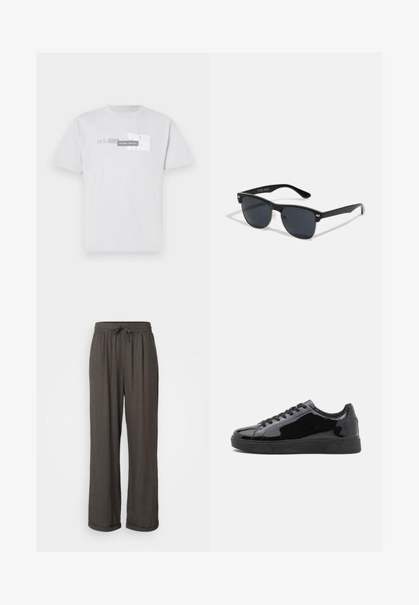 Biely bavlnený tričko s grafickým potlačou "NORTHERN AESTHETICS" a "EST. 2007" v sivej farbe. Klasický okrúhly výstrih, krátke rukávy.; Tmavošedé nohavice s voľným strihom a šnúrkou v páse, vyrobené z mäkkej, textúrovanej tkaniny, s rolovanými manžetami na členkoch.; Čierne lakované kožené tenisky s okrúhlou špičkou, plochou gumovou podrážkou a čiernymi šnúrkami. Hladký, lesklý povrch na hornej strane.; Čierne slnečné okuliare s obdĺžnikovým tvarom, tmavými sklami, striebornými akcentmi na bočných okrajoch a matným povrchom rámu.