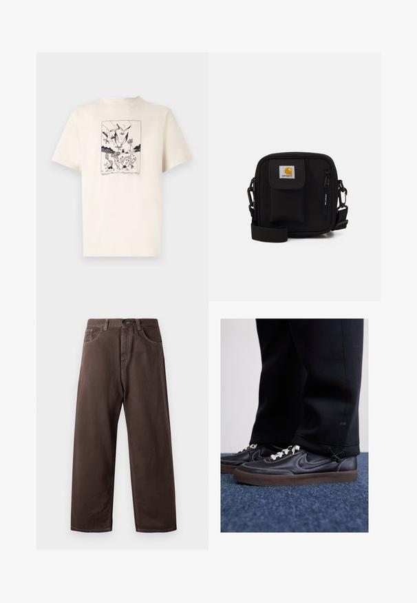 Cream cotton t-shirt with short sleeves, featuring a black graphic print of birds and figures in a bordered design on the front.; Brown wide-leg pants made of cotton, featuring a classic five-pocket design, a zip fly, and visible stitching details.; Nike Sportswear KILLSHOT 2 LTR PRM OPP2 - Trainers - black sail baroque brown mtlc dk grey; Black crossbody bag made of durable fabric, featuring a front pocket, zipper closure, and adjustable strap. Includes logo patch detail.