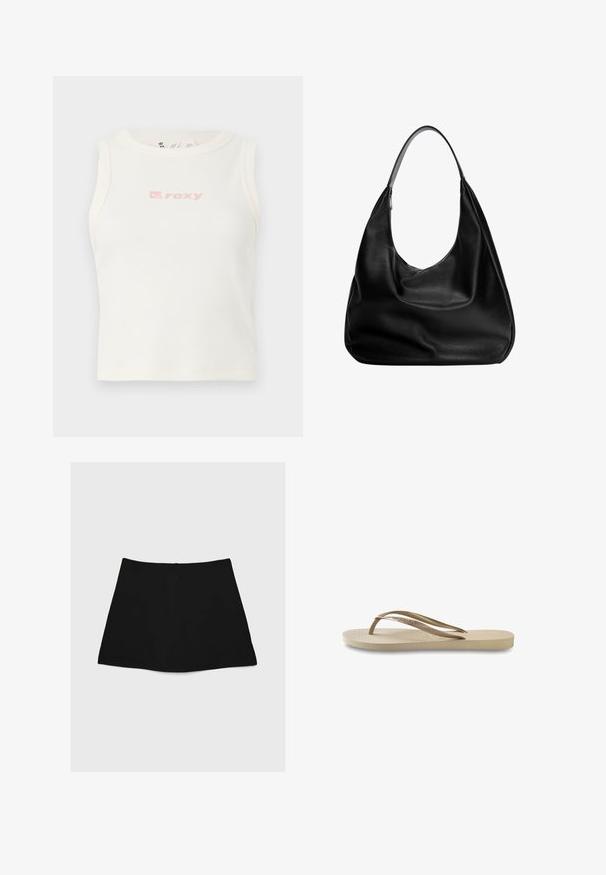 Hvid ribbet tanktop med rund halsudskæring og et lille lyserødt "Roxy" logo på brystet. Glat tekstur, tætsiddende design, uden ærmer.; Sort mini nederdel med en glat tekstur, A-linjeform og buet nederkant. Har en lynlås bagpå til lukning, uden yderligere mønstre eller accenter.; Lys beige flip-flop med tekstureret fodseng, flad sål og tynde, blanke stropper. Har subtil branding på stroppen.; Sort læder hobo taske med et afslappet design, bred skulderrem og glat tekstur. Har en enkelt lynlåslukning på siden.
