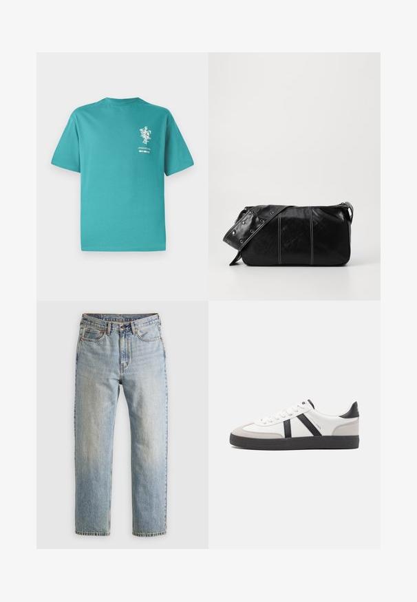 Turquoise cotton t-shirt with short sleeves, round neckline, and front graphic print of flowers and text. Smooth texture, relaxed fit.; Light blue denim jeans with high waist, front button, zipper, and five-pocket design, laid flat on a neutral background.; White sneaker with black and gray accents, featuring a textured gray toe cap, black rubber sole, and flat white laces. Clean design, minimalist style.; Black leather shoulder bag with a zip closure, featuring a textured body, white stitching, and a strap with silver grommets.