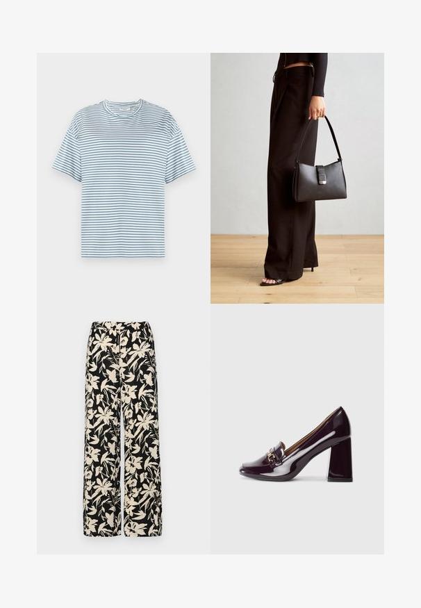 Svītraina T-kreklu gaiši zila un balta, ar apaļu kakla izgriezumu un īsām piedurknēm, izgatavota no mīksta, viegla auduma.; Melni platie bikses ar krēmkrāsas ziedu rakstu. Izgatavotas no viegla auduma, kuram ir gluda tekstūra un augsta jostasvietas daļa.; Augsti papēži loaferi spīdīgā tumši purpura lakotā ādā, ar noapaļotu purngalu un zelta tonī izgatavotu sprādzi augšējā daļā.; Melnā somiņa ar strukturētu formu, gludu tekstūru un metālu sprādzi. Saskaņota ar platām melnām biksēm un sandālēm ar atvērtu purngalu uz koka grīdas.