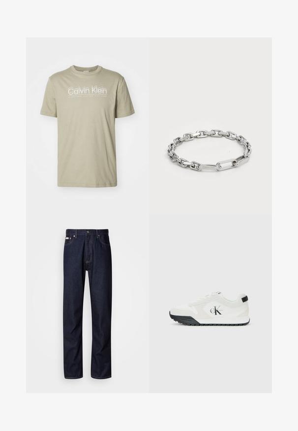 Short-sleeve, crew-neck t-shirt in light olive green cotton. Features white brand text "Calvin Klein" on the front, simple and clean design.; Dark blue denim jeans with a straight-leg design, featuring a button fly, five pockets, and contrasting stitching details.; Calvin Klein white sneaker with black sole, suede and mesh panels, CK logo on side, and Calvin Klein branding on heel and sole.; Silver chain bracelet featuring oval and rectangular links with a smooth texture. Engraved Calvin Klein logo on a flat link.