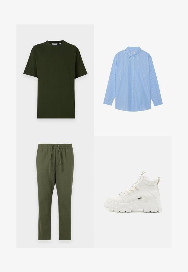 Dark green, short-sleeve t-shirt made of cotton. Round neck, relaxed fit, and smooth texture with no visible patterns or accents.; Blue and white striped long-sleeve shirt with a classic collar, button front, and rounded hem. Made of a lightweight fabric.; Olive green, lightweight trousers with a drawstring waistband, straight leg design, and soft texture. Simple and functional style.; White ankle-high sneakers with a textured finish, thick rubber sole, and padded collar. Features lace-up design and a logo accent.