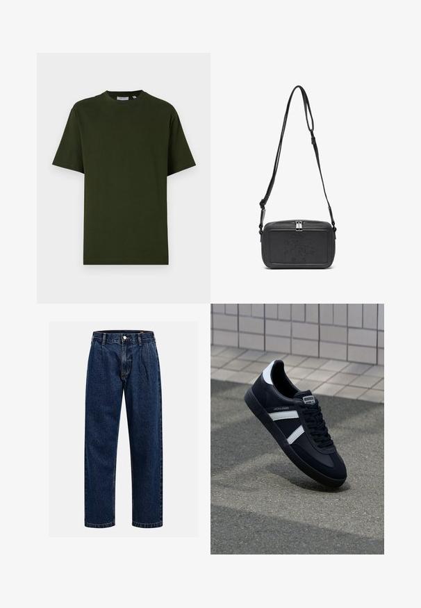 Camiseta de algodón de color verde oscuro y manga corta. Cuello redondo, corte relajado y textura suave sin patrones ni acentos visibles.; Jeans de mezclilla azul oscuro con un diseño de pierna recta. Presentan costura visible, cierre de botón y pliegues frontales para un detalle adicional.; Zapatilla de cuero negra con rayas blancas, suela de goma texturizada y parte frontal con cordones. Cuenta con una etiqueta de marca en la lengüeta.; Bolso cruzado de piel negra con cierre de cremallera, logotipo embossing en el frente y correa ajustable. Textura suave con forma rectangular.