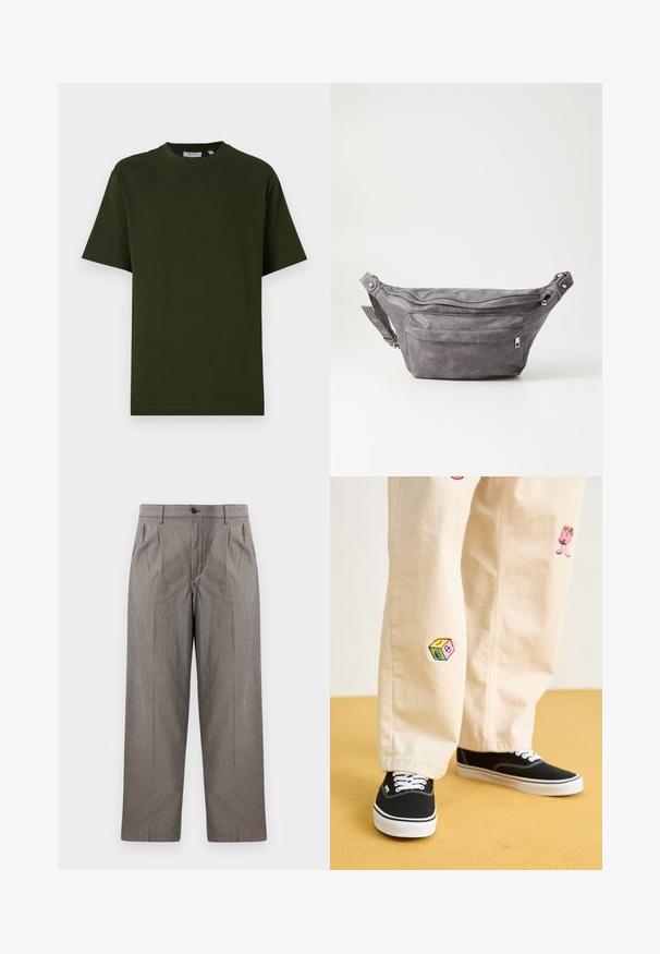 Tamsiai žalia trumpomis rankovėmis medvilninė marškinėliai. Apvali iškirptė, laisvas stilius ir glotni tekstūra be akivaizdžių raštų ar akcentų.; Pilkos hounds-tooth rašto kelnės su tiesio kirpimo dizainu, turinčios raukšlių, liemens su mygtuku uždarymo ir šonines kišenes.; Bežinės medvilninės kelnės su žaismingais siuvinėjimais, įskaitant rožinį personažą ir spalvotą bloką, derinamos su juodais bateliais su raišteliais.; Pilkas suedes fanny pack'as apvalios formos, su dviem užtraukiamais skyreliais ir reguliuojama diržele. Yra metaliniai aksesuarai.