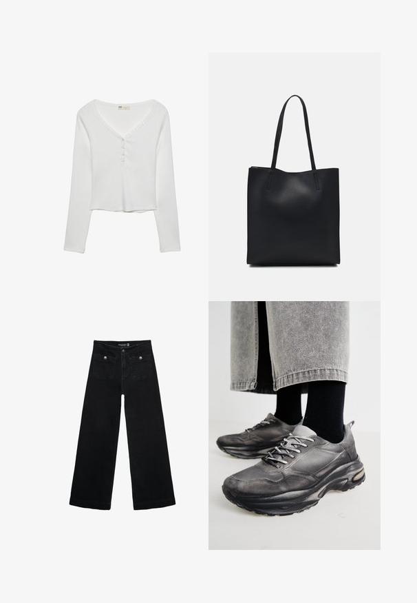 Biała bluzka z długim rękawem i dekoltem w kształcie litery V, z detalami w postaci guzików i żebrowaną teksturą, zaprojektowana dla luźnego fasonu.; Czarne, szerokie dżinsy z wysokim stanem, z dwoma przednimi kieszeniami i metalowymi guzikami. Tkanina ma gładką fakturę.; Czarno-szare buty sportowe mają siatkową cholewkę, grube podeszwy i sznurowadła. Mają zaokrąglony nosek i widoczną poduszkę amortyzującą.; Czarna skórzana torba tote o gładkiej fakturze, prostokątnym kształcie i dwóch długich uchwytach. Brak widocznych elementów metalowych i ozdób.