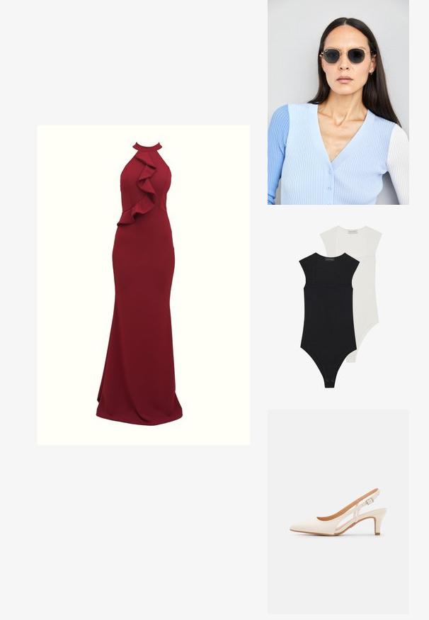 Dwa body w kolorze czarnym i białym, z krótkimi rękawami, kwadratowym dekoltem oraz gładkim, elastycznym materiałem z zatrzaskami na dole.; Burgundowa sukienka na szyję z falbanami po bokach; dopasowany krój; wykonana z gładkiego, elastycznego materiału; długość do podłogi.; Biała szpilka slingback z ostrym noskiem, gładkim materiałem wierzchnim, niskim obcasem blokowym oraz wycięciami po bokach i regulowanym paskiem z klamrą.; Okrągłe okulary przeciwsłoneczne z ciemnymi soczewkami i złotymi ramkami. Modelka nosi jasnoniebieski kardigan w prążki z guzikami i białymi rękawami w kontrastowym kolorze.; Portfel na nadgarstek marki Michael Kors w beżowej, pokrytej płótnem, z powtarzającym się wzorem logo MK, złotym okuciem i odpinanym łańcuszkowym paskiem.