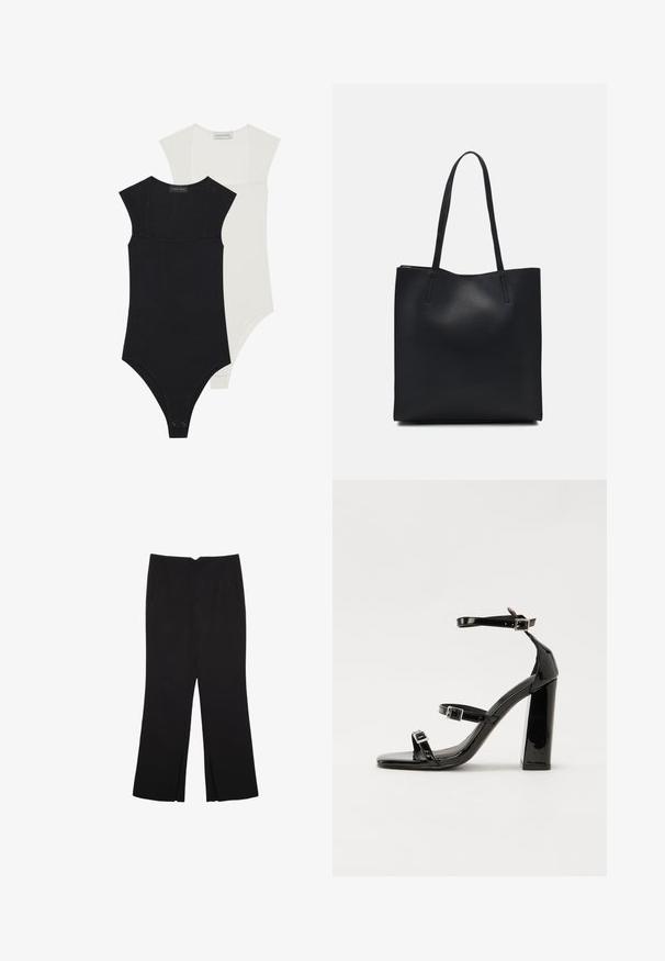 Twee bodysuits in zwart en wit, met korte mouwen, een vierkante halslijn en een gladde, rekbare stof met drukknoopsluitingen aan de onderkant.; Zwarte broek met een rechte pasvorm, voorzien van zijzakken en plooien aan de onderzijde. Gemaakt van zachte, gladde stof. Geschikt voor verschillende gelegenheden.; Zwarte patent lederen sandalen met hoge hakken, twee gespenbanden, een vierkante neus en een stevige blokhak, met een gladde, glanzende textuur.; Zwarte leren handtas met een gladde textuur, rechthoekige vorm en twee lange handvaten. Geen zichtbare hardware of versieringen.