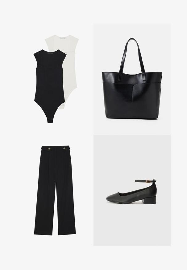 Dos bodies en negro y blanco, con mangas cortas, un escote cuadrado y una tela lisa y elástica con cierres a presión en la parte inferior.; Pantalones de pierna ancha negros con cintura alta, detalles de botones en la cinturilla y pliegues en la parte delantera.; Zapato de tacón negro de cuero con punta afilada y tacón bajo cuadrado. Presenta una correa para el tobillo con una hebilla en tono dorado. Textura suave.; Bolso tote de cuero negro con dos asas largas, textura suave y forma estructurada. Cuenta con un bolsillo frontal para almacenamiento adicional.